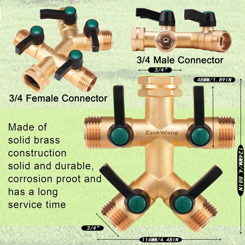 ZaakWang Garden Faucet Splitter  4 Way Hose Splitter  Multi-Directional High Output Outdoor Splitter  3/4"" GHT Thickened Hex Inlet  Heavy Duty Solid Brass Spigot Adapter with Comfort Extension Handles - Image 3